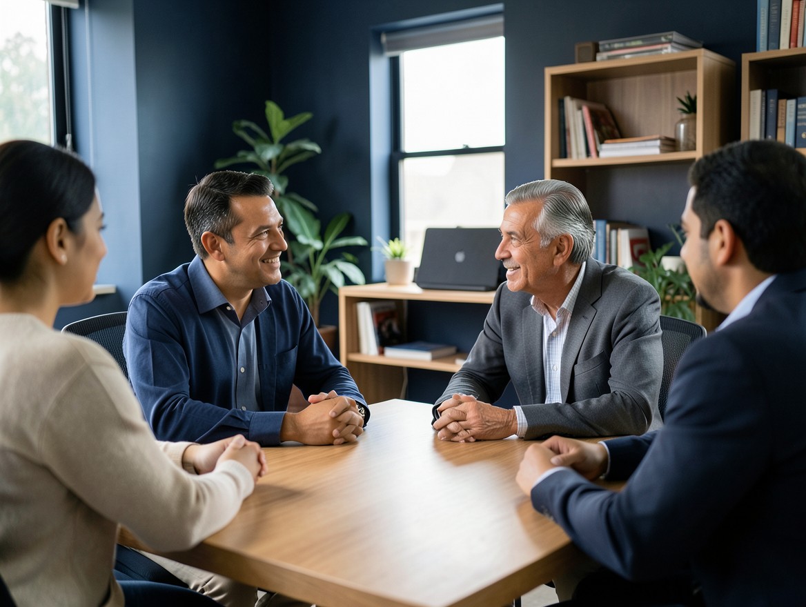 Conversación de orientación financiera entre asesores y clientes